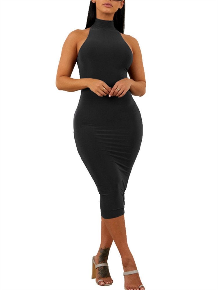 GOBLES Women's Sexy Halter High Neck Elegant Sleeveless Bodycon Midi Club Dress Black - Image 1